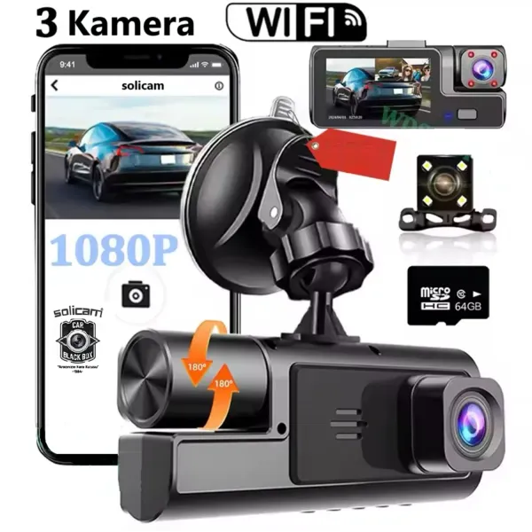 SOLICAM Araç Kamerası 1080P + Wifi +3 Kamera + GSensor 