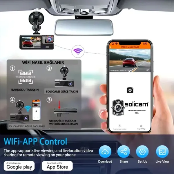 SOLICAM Araç Kamerası 1080P + Wifi +3 Kamera + GSensor 